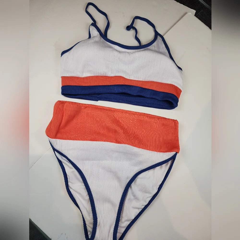 Retro Colorblock High Waist Bikini Set Ribbed Orange‎ White 822  Bikini M